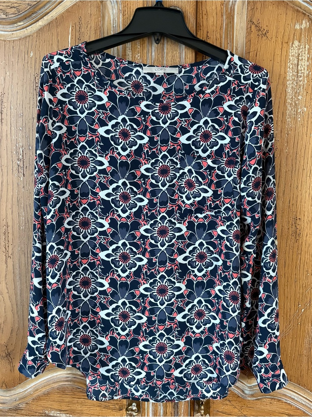 LOFT Floral Long Sleeve Blouse Navy Pink White Geometric Pattern Size M